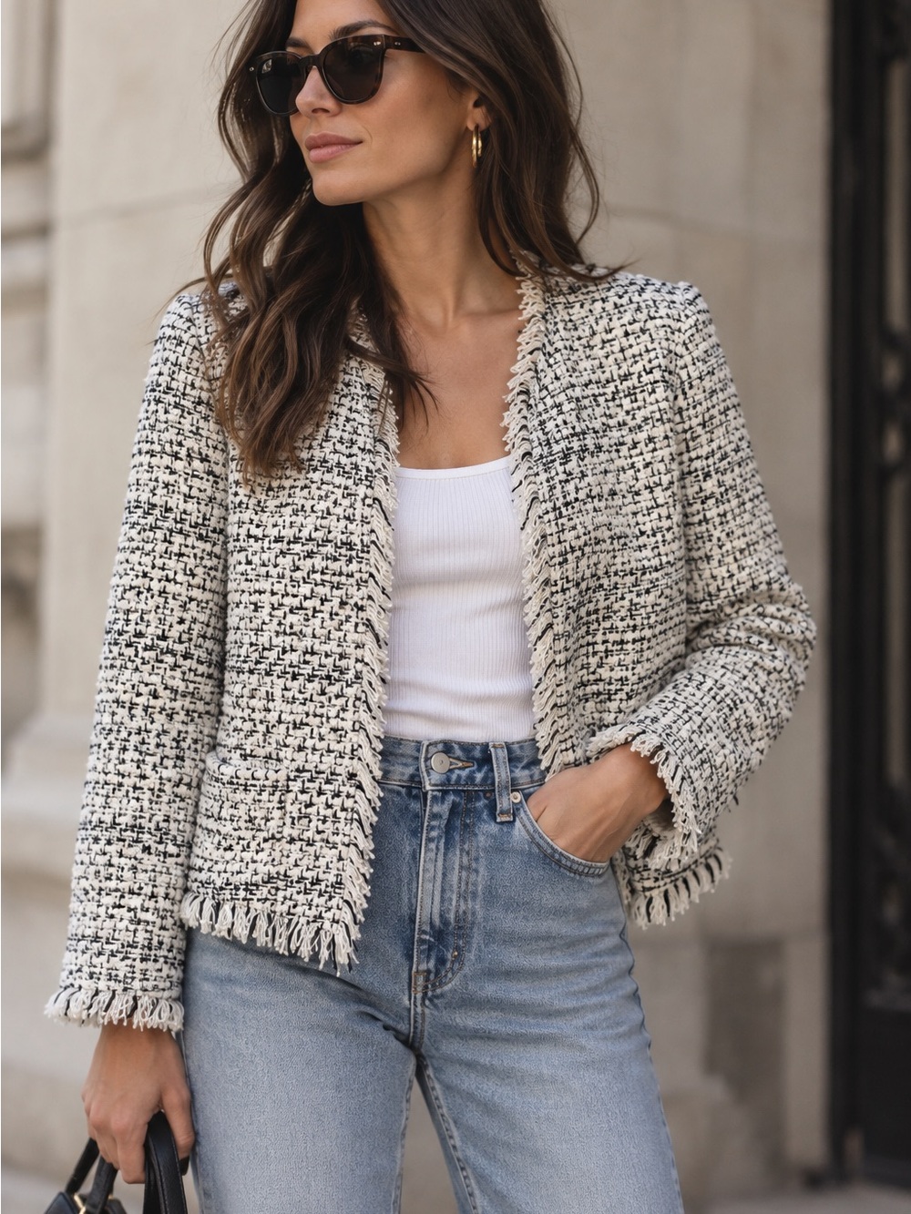 IRO Paris Ivory Black Bouclé Tweed Fringed Jacket – FR 36 / US 4